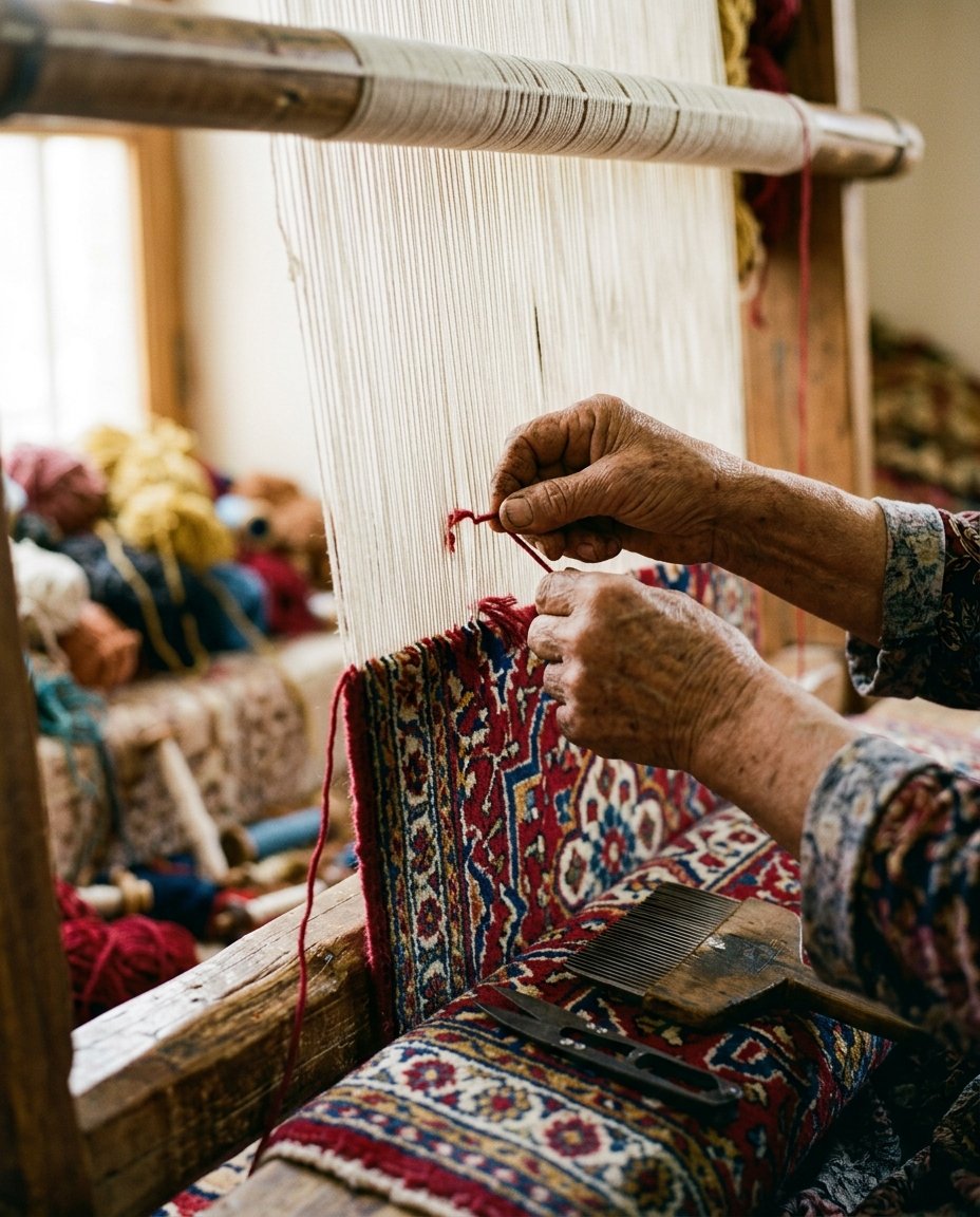 Hands of an Iranian master weaver tying a red knot on a half-finished Persian carpet