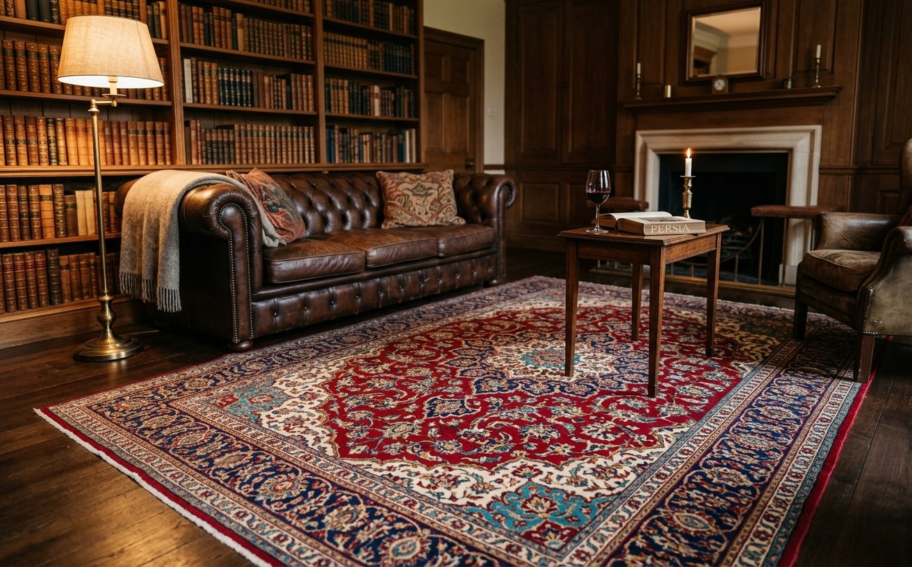 Classical Kashan Persian carpet in a warm, lamp-lit living room